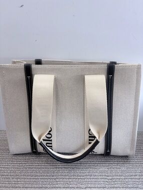 Chloe Canvas Tote Bag with Contrast Trim - Cream and Black